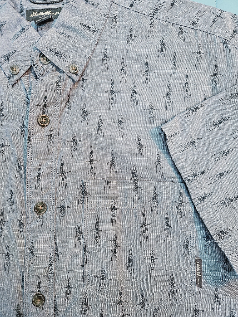 Eddie Bauer Kayak Print Blue Gray Button Down Shirt Men's